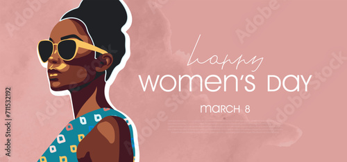 International Women's Day , March 8th.Banner with beautiful girl in sunglasses and watercolor background. Vector illustration.