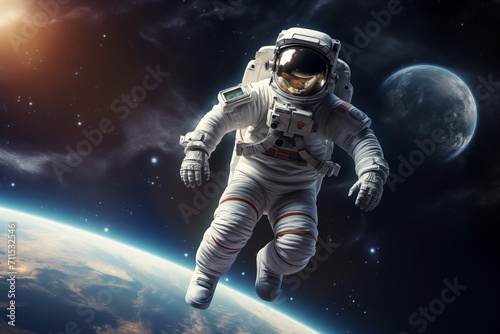 An astronaut floating in space, with a view of Earth in the background. Astronaut in outer space over the planet Earth. Generated AI.