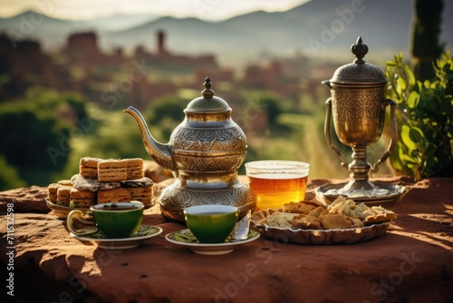 Moroccan Tea Time: Amidst the Rugged Landscape of the Atlas Mountains, a Table Arrangement Showcases a Traditional Moroccan Tea Set, Refreshing Mint Tea, and Sweet Pastries.   © Mr. Bolota