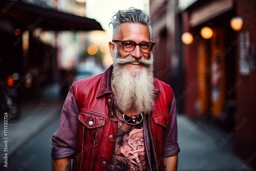 Portrait of a senior hipster man with long beard and mustache