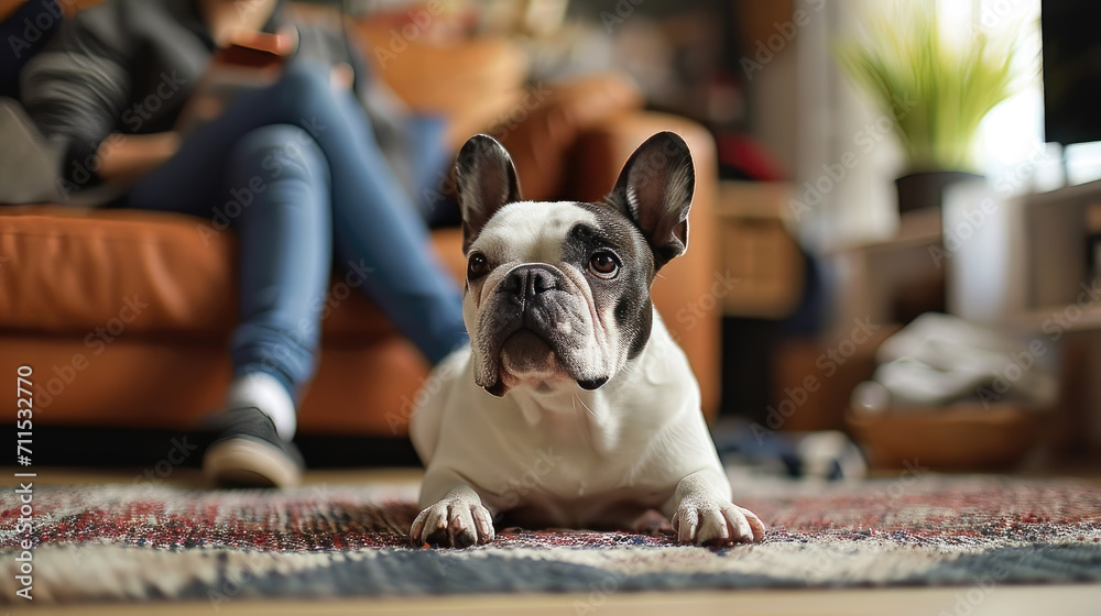 French Bulldog sitting on a rug indoors with a person's legs in the background.