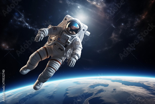 An astronaut floating in space  with a view of Earth in the background. Astronaut in outer space over the planet Earth. Generated AI.