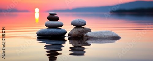 zen stones on peaceful lake wellness and spa concept banner