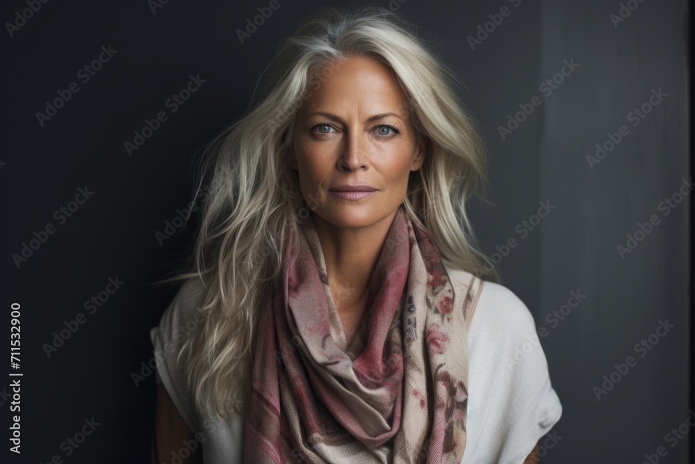Portrait of beautiful middle aged woman with long blond hair wearing a scarf