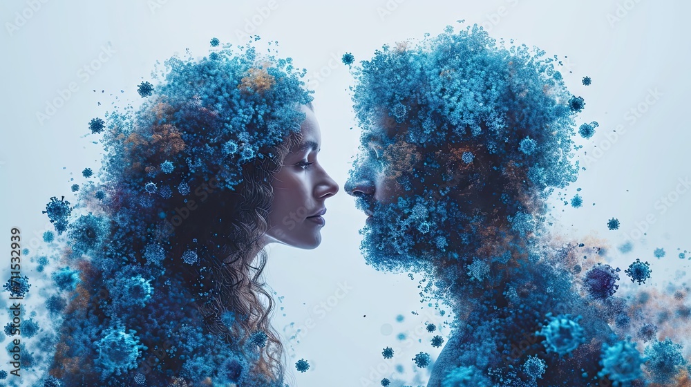 Conceptual image of two people face to face with viruses. Disease X.