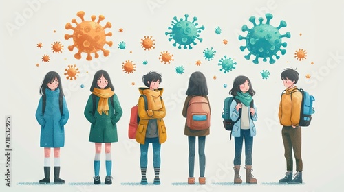 Group young people wearing face mask for preventing X virus outbreak, illustration.