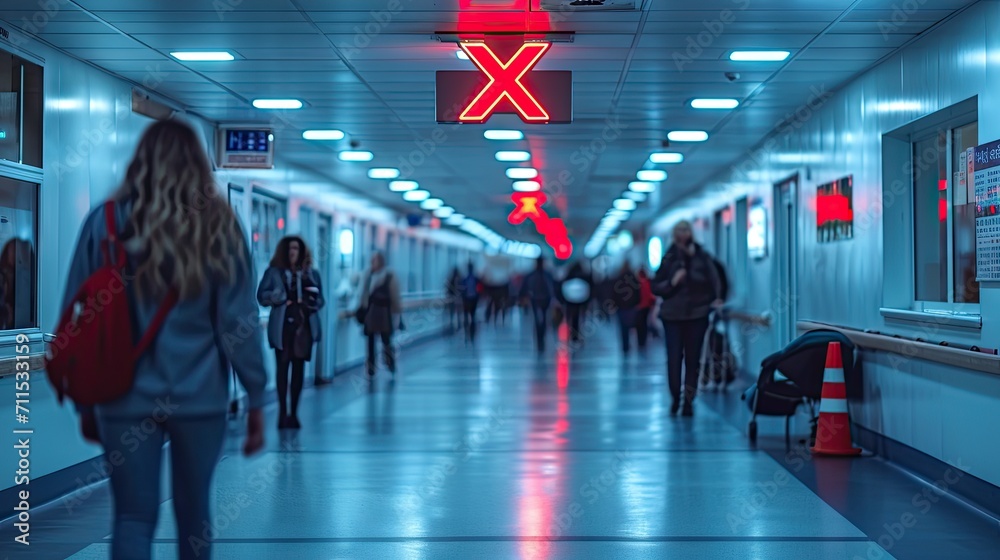 People walking in underground passage with red X letter sign on the wall. X virus concept alert. - obrazy, fototapety, plakaty 