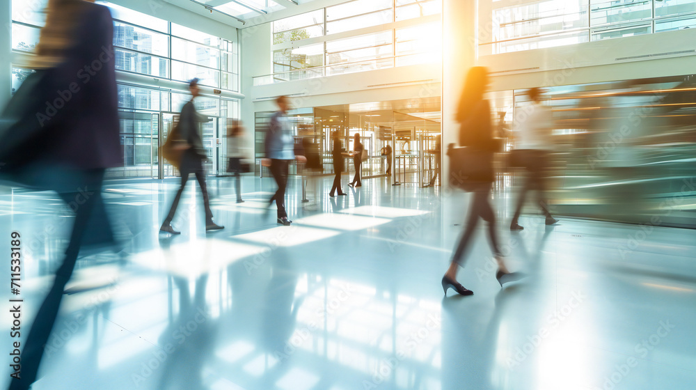 Bright business workplace with people in walking in blurred motion in modern office space