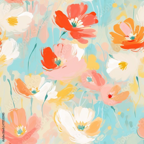 Acrylic illustration of bright summer colors, seamless pattern with acrylic flowers
