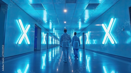 Doctors walking in the corridor of hospital with neon X light. photo
