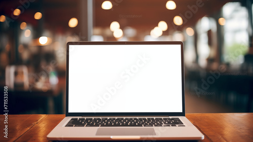a laptop with a blank screen on a table, featuring a blurred background