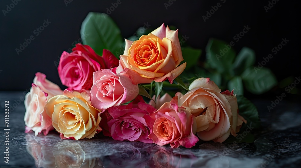 Fototapeta premium Elegant simplicity Bouquet of mixed-color roses placed on a marble surface