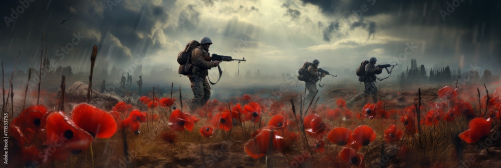 Poppy flowers on a field with soldiers, memorial poppies in memory of fallen soldiers in the war, banner - obrazy, fototapety, plakaty 