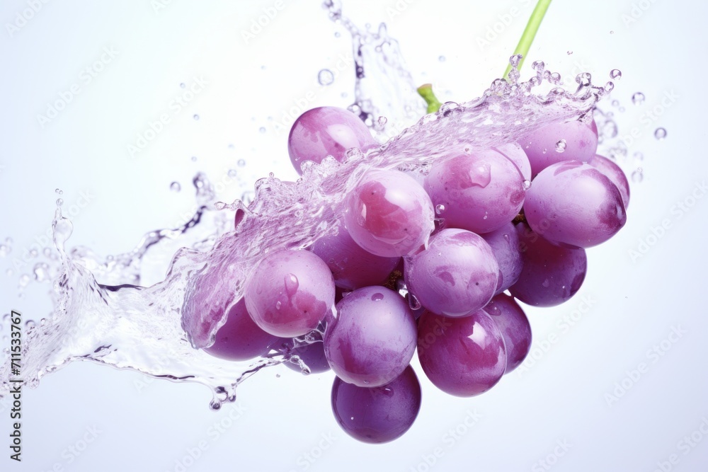 Purple grapes in a splash of water and grape juice on a white background
