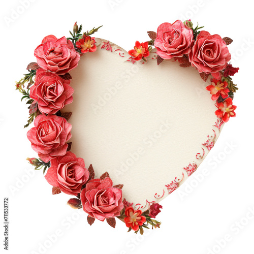 Blank heart-shaped greeting card decorated with flowers. Isolated on transparent background 