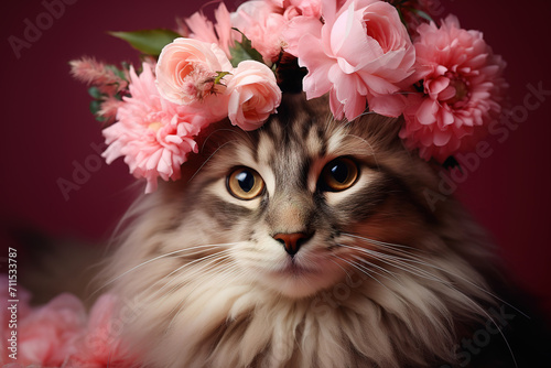 fluffy tabby cat with pink flowers wreath on head © Маргарита Вайс