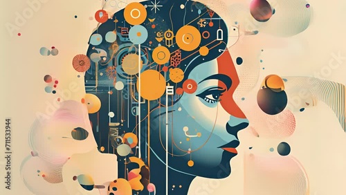 An ilration of a person with a thought bubble filled with computer symbols instead of words. Psychology art concept. photo