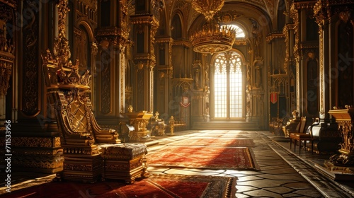 interior of castle or palace with golden chair bench of king