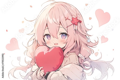 anime girl with pastel pink hair holding a red heart
