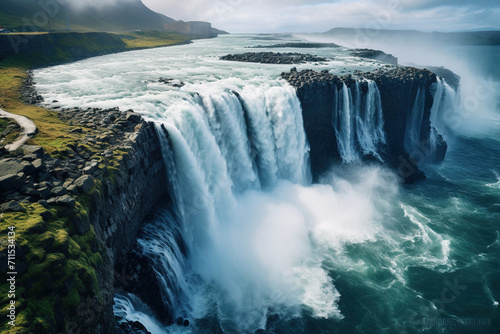 aerial view landscape huge majestic waterfall cascading down