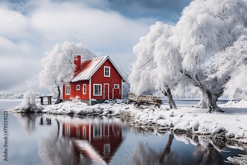 calm winter landscape small lonely red wooden house on the lake in the snowy forest in sunny day