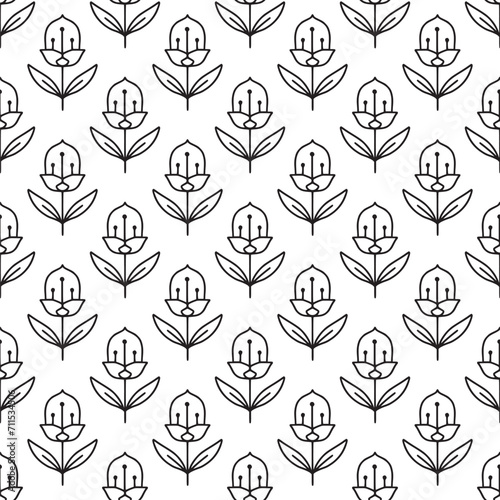 Simple seamless pattern with folk linear flowers. Black and white. Vintage, retro style texture for textile, fabric, home decor, wallpaper. Abstract bohemian line art background. Stylized florals