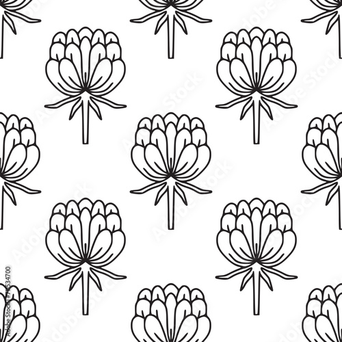 Simple seamless pattern with folk linear flowers. Black and white. Vintage  retro style texture for textile  fabric  home decor  wallpaper. Abstract bohemian line art background. Stylized florals