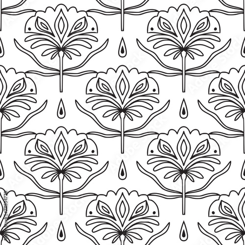 Simple seamless pattern with folk linear flowers. Black and white. Vintage, retro style texture for textile, fabric, home decor, wallpaper. Abstract bohemian line art background. Stylized florals
