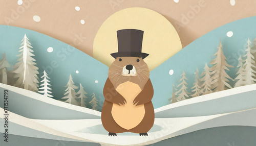 a ground hog wearing a top hat in the winter sun pastel coloured illustration photo