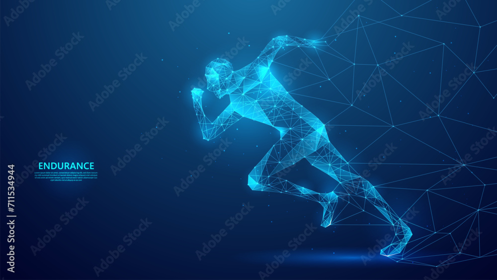 High speed tough runner illustration in blue low poly vector style. Background concepts of endurance, speed, and success - obrazy, fototapety, plakaty 
