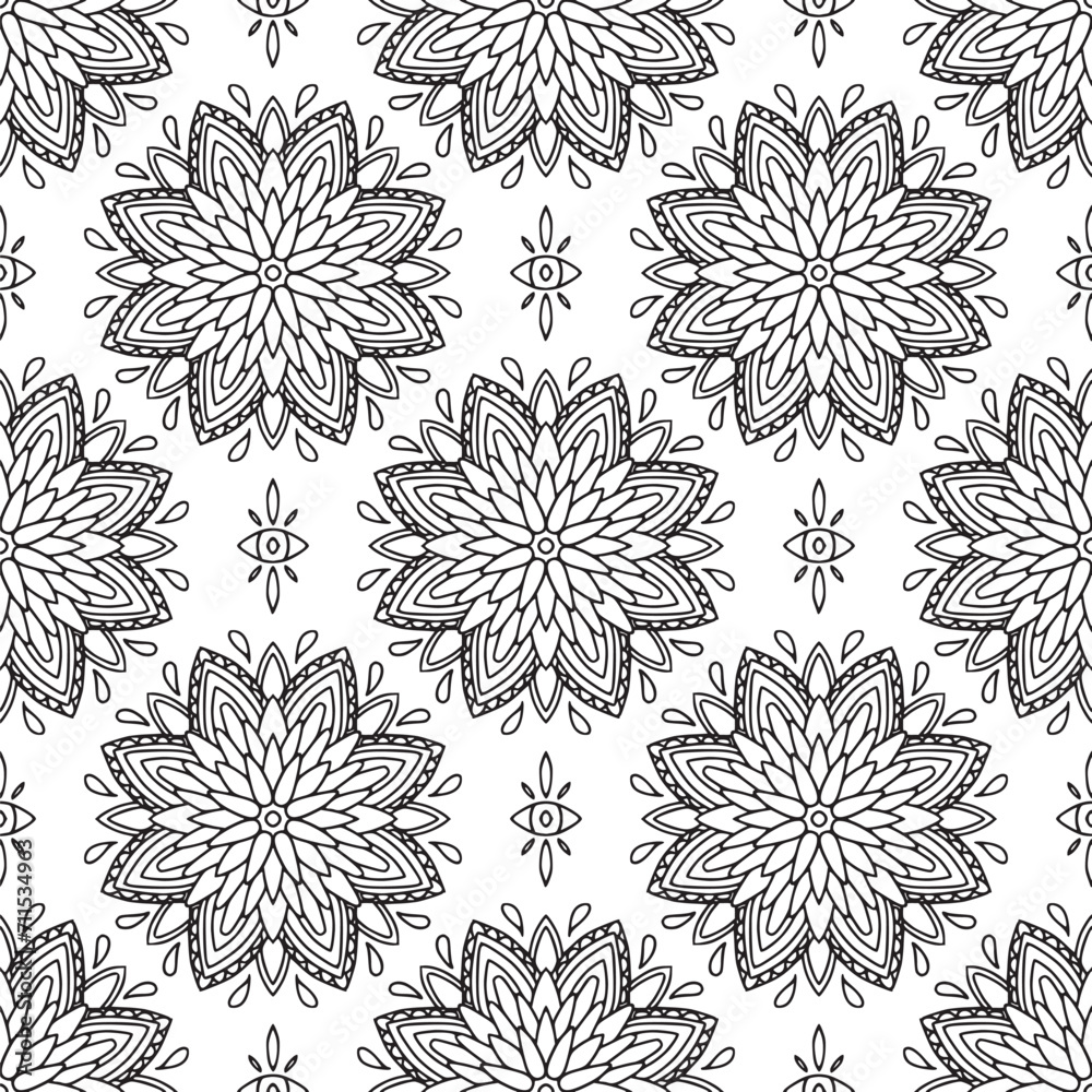 Ethnic ornament seamless pattern. Hand drawn linear geometric and floral elements. Vector line art  texture with indian folk motif for fabric, meditation concept, yoga textile