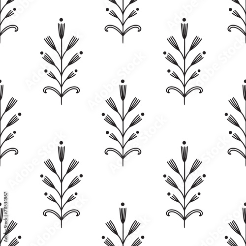 Simple seamless pattern with folk linear flowers. Black and white. Vintage, retro style texture for textile, fabric, home decor, wallpaper. Abstract bohemian line art background. Stylized florals