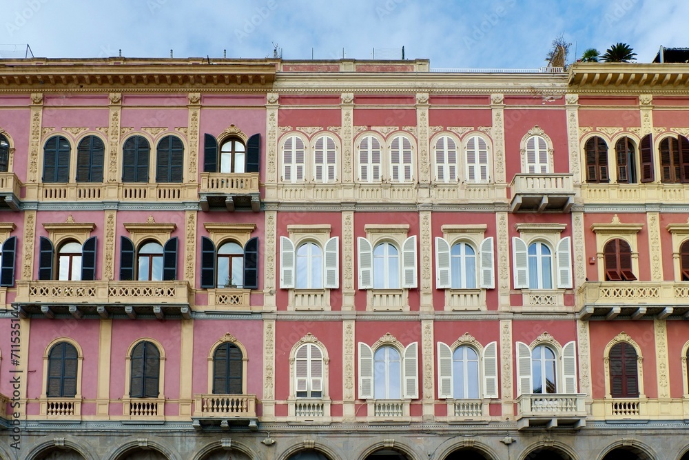 Obraz premium Rich Italian houses seen from outside in Cagliary, Italy. Colourful Italian vintage architecture