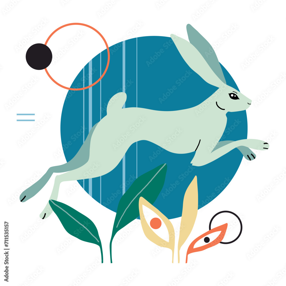 Fototapeta premium Card, poster with rabbit or hare, geometric abstract shape, doodle elements and plant. Easter animal. Vector flat minimalist style bunny illustration