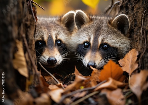 Two curious raccoons peek out from behind a towering tree, their snouts twitching with excitement as they take in the wild beauty of the great outdoors