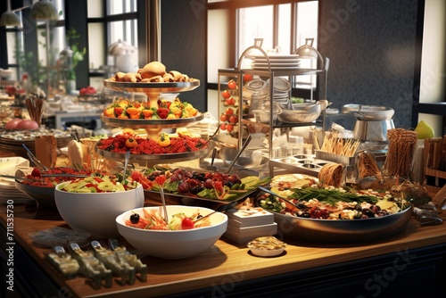 Catering buffet in a restaurant, festive catering, a variety of dishes in containers on the table