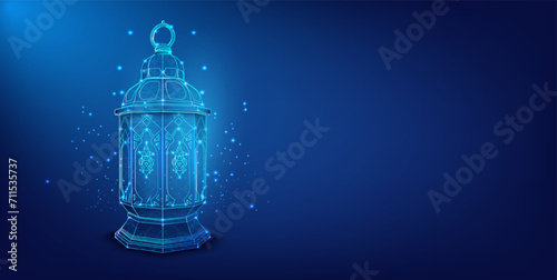Futuristic Glowing Lantern with Intricate Patterns on a Dark Blue Background. Islamic Festival concept form lines and triangles. Vector illustration