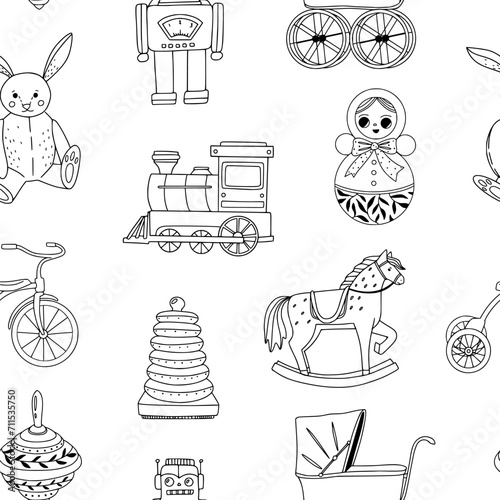 Vintage line art seamless pattern with goods for kids: baby stroller, doll, bicycle. Linear toys texture for nursery textile, fabric, paper. Elegant black and white outline minimalist surface