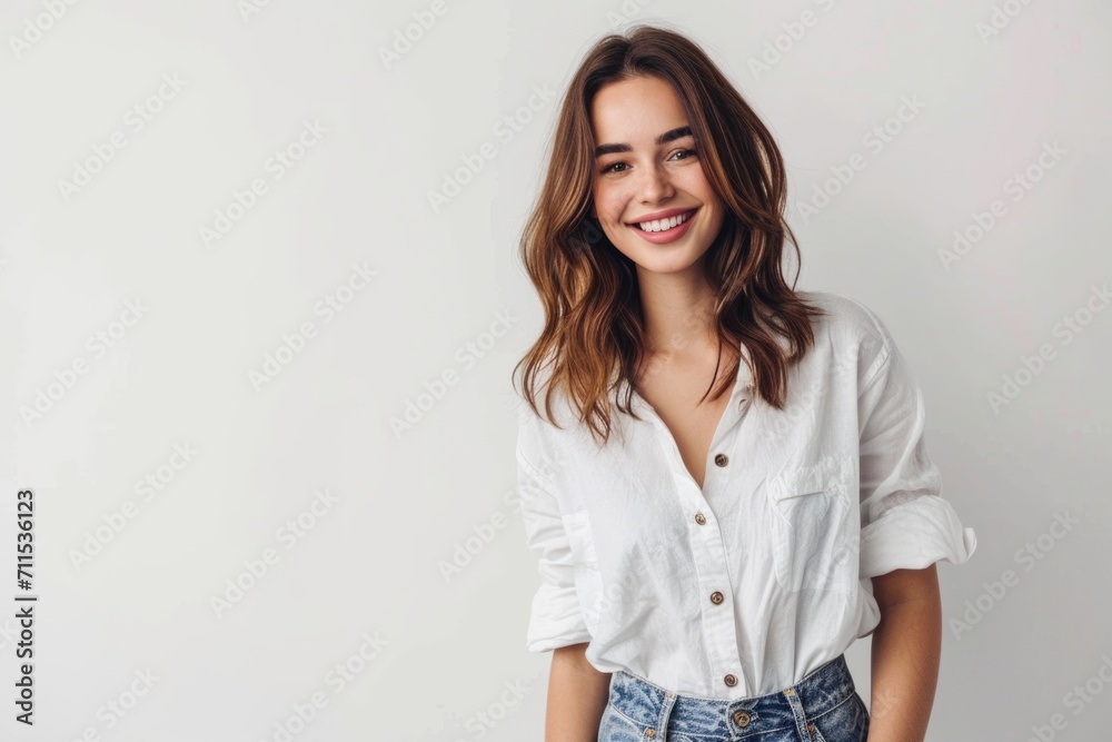 Confident woman in casual outfit smiling at camera. Confident woman in casual outfit smiling at camera.