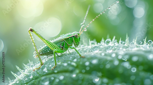 A grasshopper perches on a leaf covered in dew. photo
