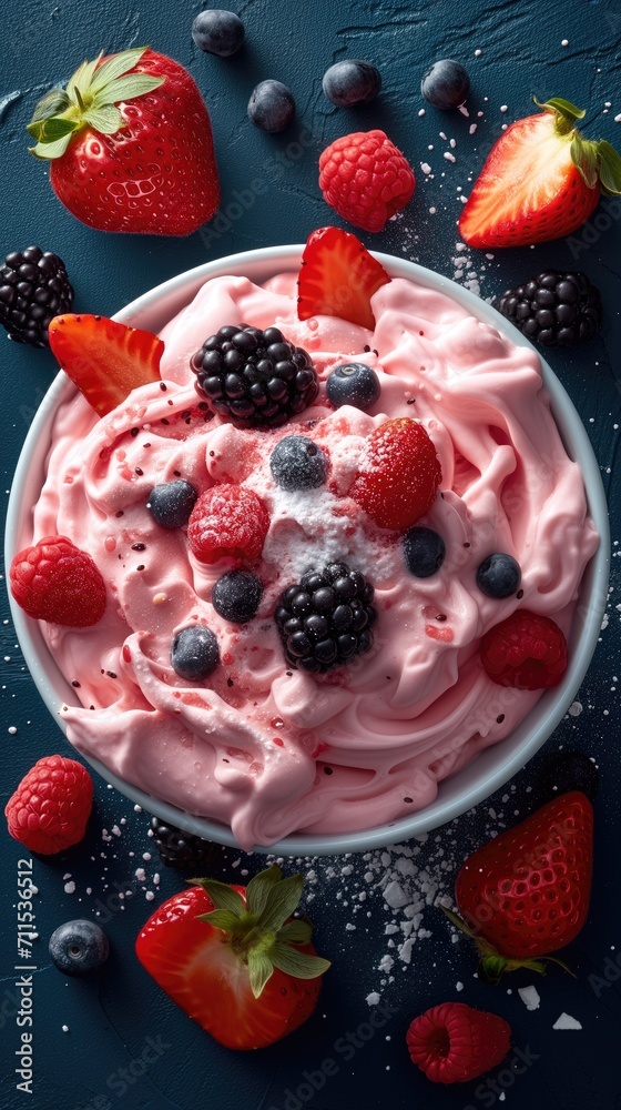 Postre casero de fresas, frambuesas, arándanos, moras, mezcladas con nata rosa de fresca y yogur. Visto desde arriba,, fondo azul oscuro, recurso gráfico, recetas, reseñas, postres, meriendas, sana Postre casero de fresas, frambuesas, arándanos, moras, mezcladas con nata rosa de fresca y yogur. Visto desde arriba,, fondo azul oscuro, recurso gráfico, recetas, reseñas, postres, meriendas, sana