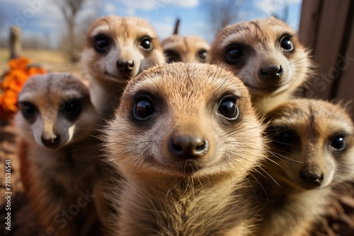 Curious meerkats gather on the ground, their furry snouts and terrestrial nature drawing our attention as they gaze into the camera with a sense of wonder © familymedia