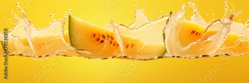 Melon in splashes of water and melon juice on a yellow background, banner