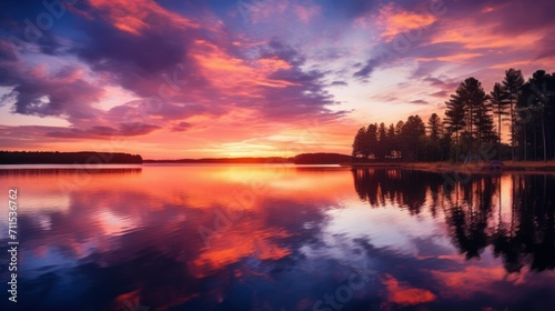Stunning sunset over tranquil lake with silhouetted trees