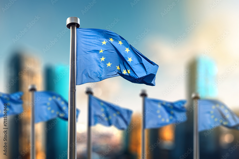Flag of European Union on a blurred modern city backgroud - obrazy, fototapety, plakaty 