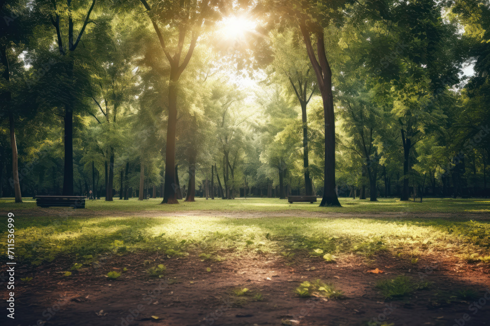 Immerse yourself in the serene beauty of a sunlit forest where green trees and dappled sunlight create a tranquil and peaceful atmosphere. AI generative.