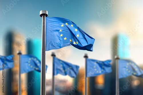 Flag of European Union on a blurred modern city backgroud