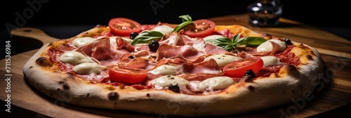 Neapolitan pizza close-up, delicious fresh pizza on a wooden table, banner