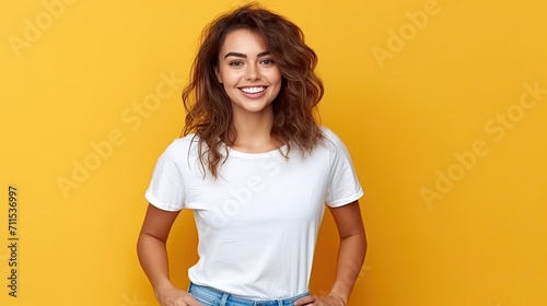  A wide shot of woman, age 22, wearing white shirt and blue pants, with lively smiling facial expression, at yellow background, design tshirt template, print presentation mock - up