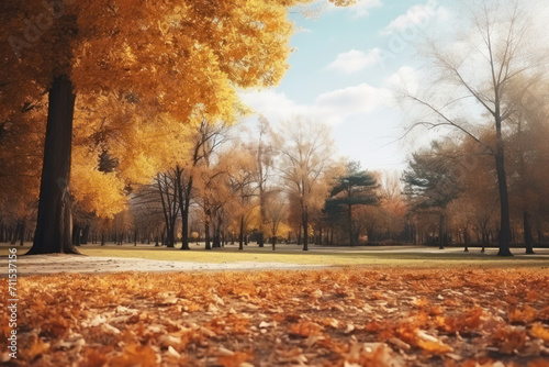 Experience the vibrant colors of autumn in a picturesque park with a bright yellow leafy carpet sunlit trees and a joyful mood. AI generative.